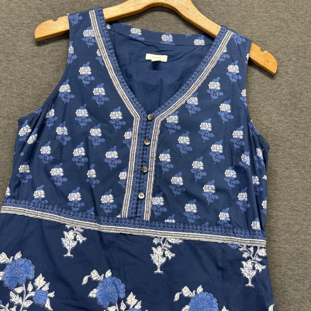 purejill Dress Womens M Navy Blue Floral Maxi Button Front Cotton Lined Casual